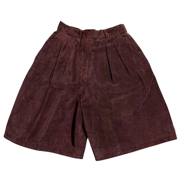 VTG WinLit Leather Shorts Pleated 8" Inseam Wide Leg Womens Burgundy Fully Lined - Picture 1 of 15